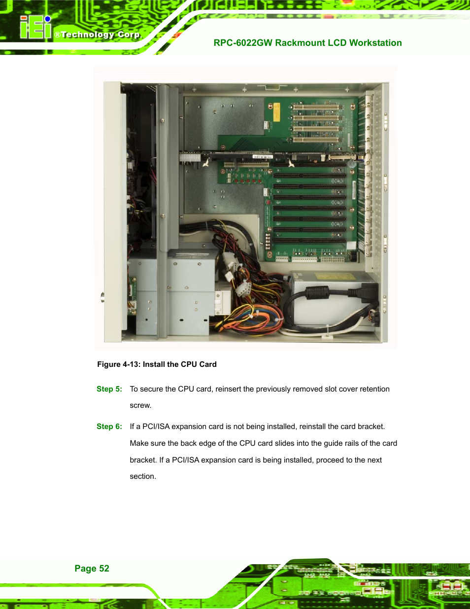 Figure 4-13: install the cpu card | IEI Integration RPC-6022G User Manual | Page 52 / 107