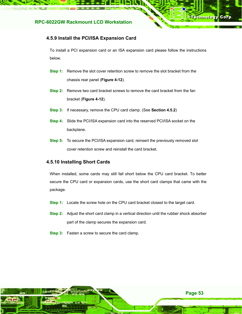 Install the pci/isa expansion card, 9 install the pci/isa expansion card | IEI Integration RPC-6022G User Manual | Page 53 / 107
