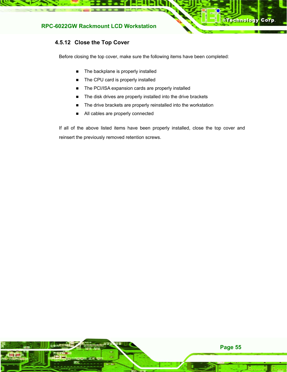 Close the top cover, 12 close the top cover | IEI Integration RPC-6022G User Manual | Page 55 / 107