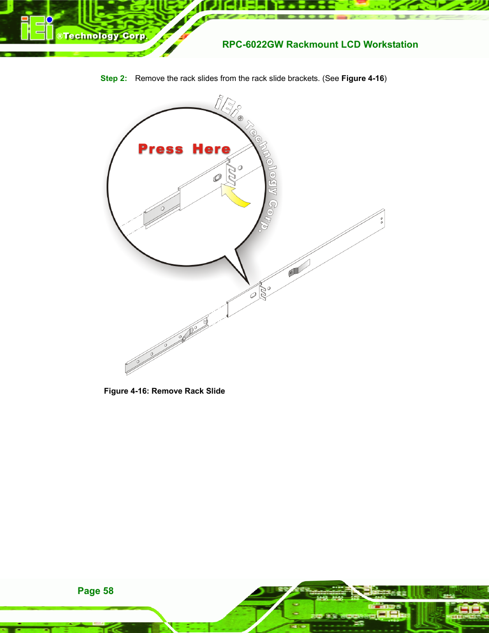 Figure 4-16: remove rack slide | IEI Integration RPC-6022G User Manual | Page 58 / 107