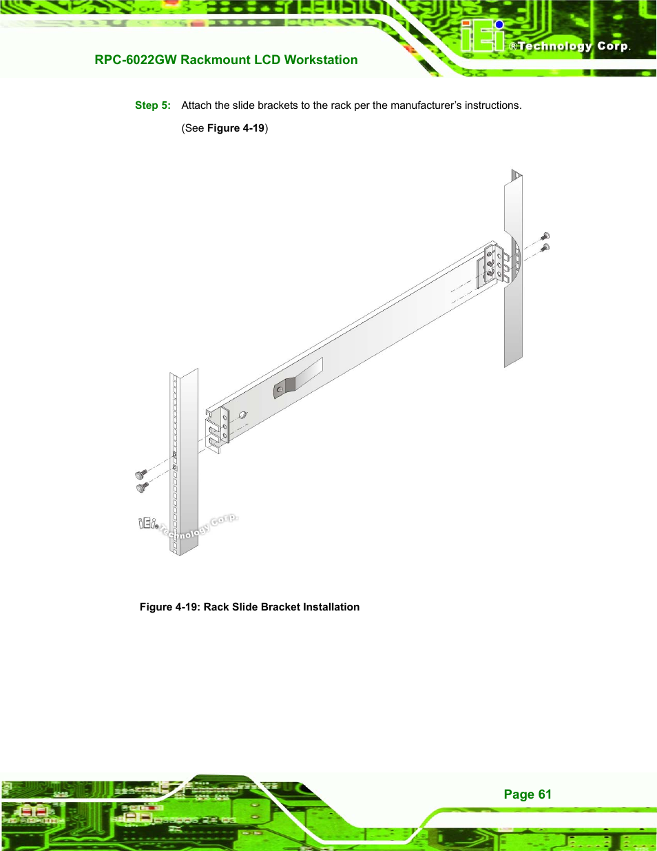Figure 4-19: rack slide bracket installation | IEI Integration RPC-6022G User Manual | Page 61 / 107