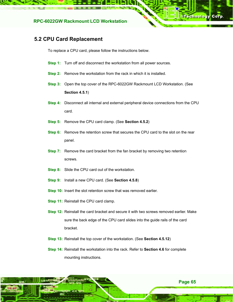 Cpu card replacement, 2 cpu c, Eplacement | 2 cpu card replacement | IEI Integration RPC-6022G User Manual | Page 65 / 107