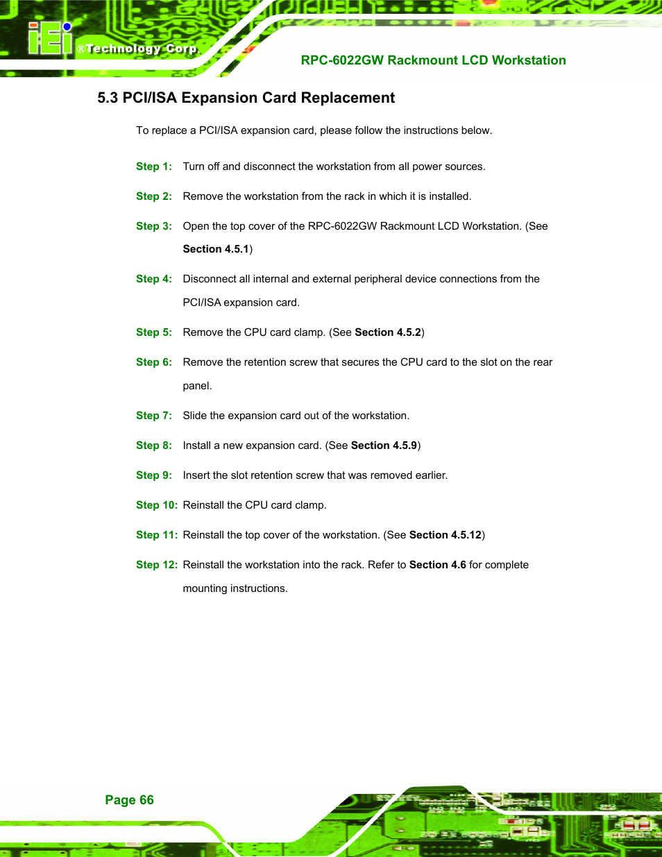 Pci/isa expansion card replacement, 3 pci/isa e, Xpansion | Eplacement, 3 pci/isa expansion card replacement | IEI Integration RPC-6022G User Manual | Page 66 / 107