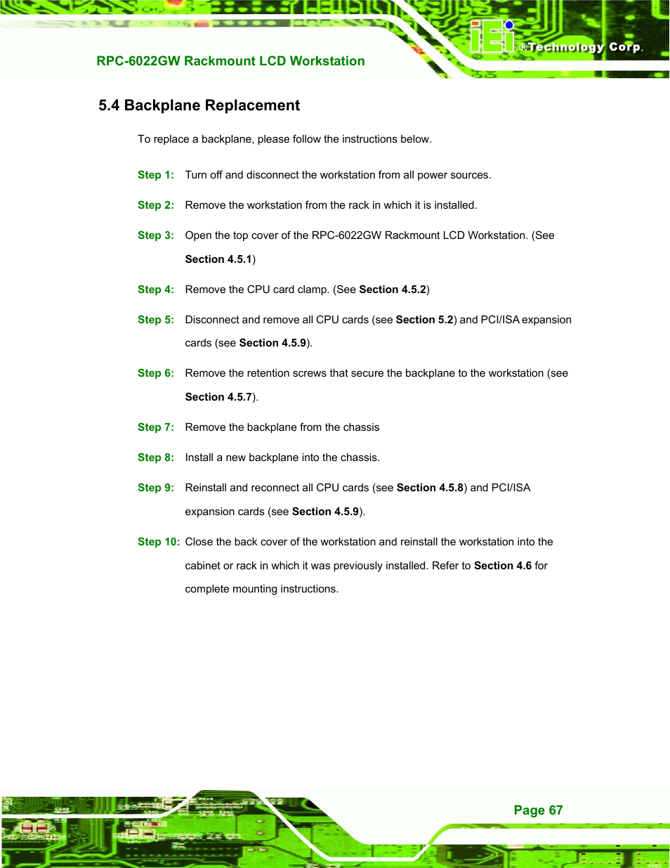 Backplane replacement, Ackplane, Eplacement | 4 backplane replacement | IEI Integration RPC-6022G User Manual | Page 67 / 107