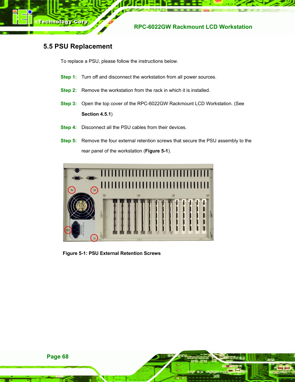 Psu replacement, 5 psu r, Eplacement | Figure 5-1: psu external retention screws, 5 psu replacement | IEI Integration RPC-6022G User Manual | Page 68 / 107
