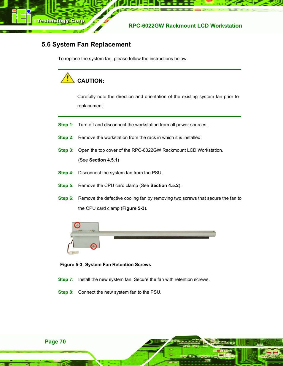 System fan replacement, Ystem, Eplacement | Figure 5-3: system fan retention screws, 6 system fan replacement | IEI Integration RPC-6022G User Manual | Page 70 / 107