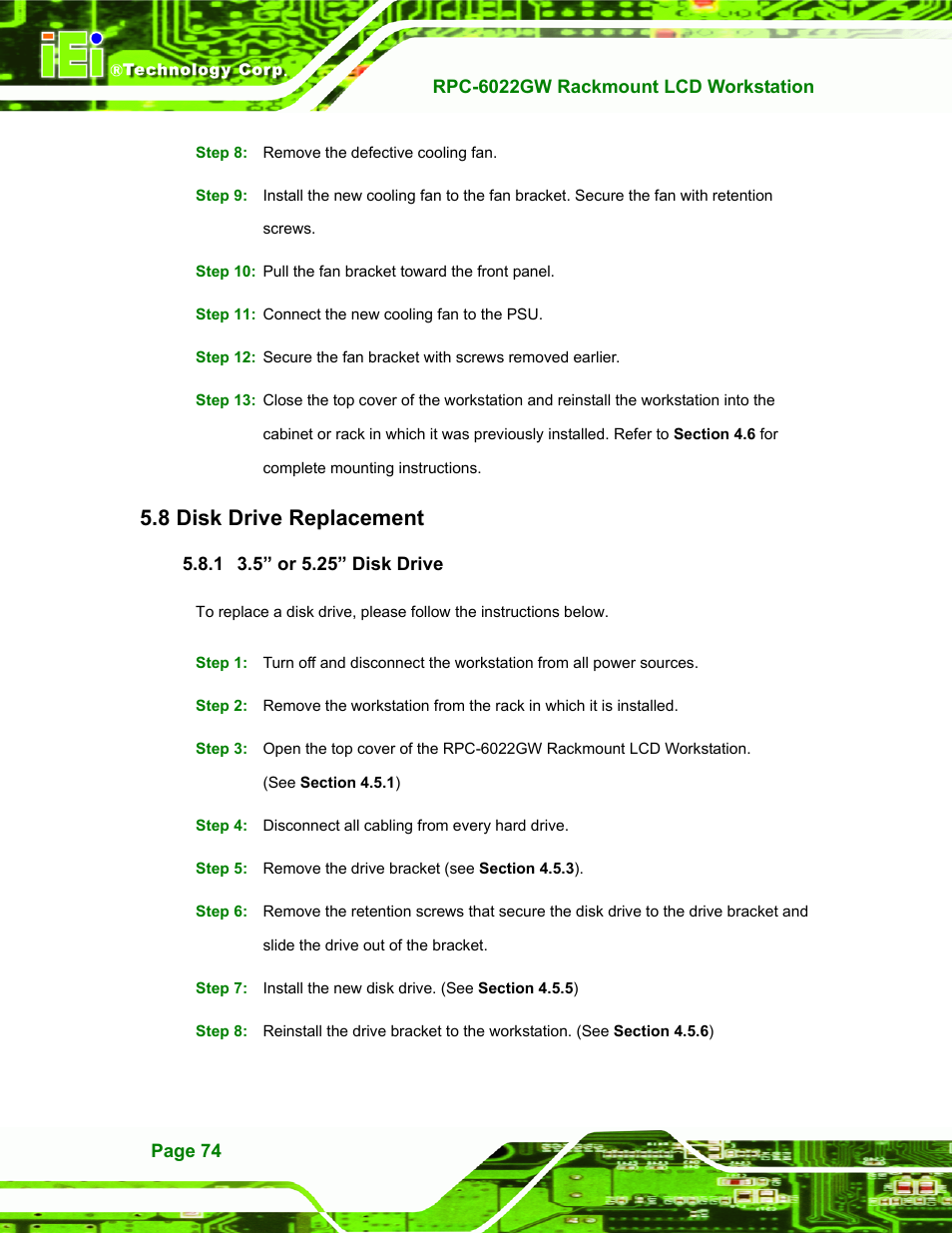 Disk drive replacement, 5” or 5.25” disk drive, Rive | Eplacement, 1 3.5” or 5.25” disk drive, 8 disk drive replacement | IEI Integration RPC-6022G User Manual | Page 74 / 107