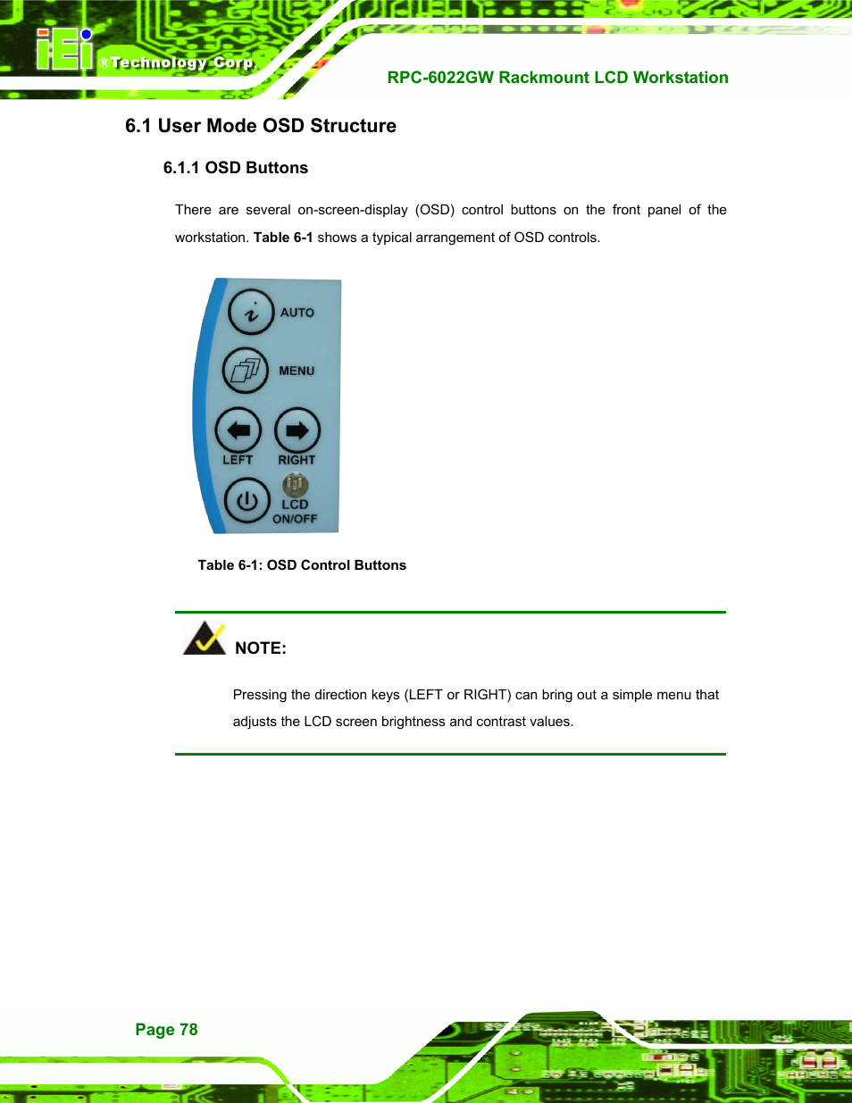 User mode osd structure, Osd buttons, Osd s | Tructure, 1 osd buttons, Table 6-1: osd control buttons, 1 user mode osd structure | IEI Integration RPC-6022G User Manual | Page 78 / 107
