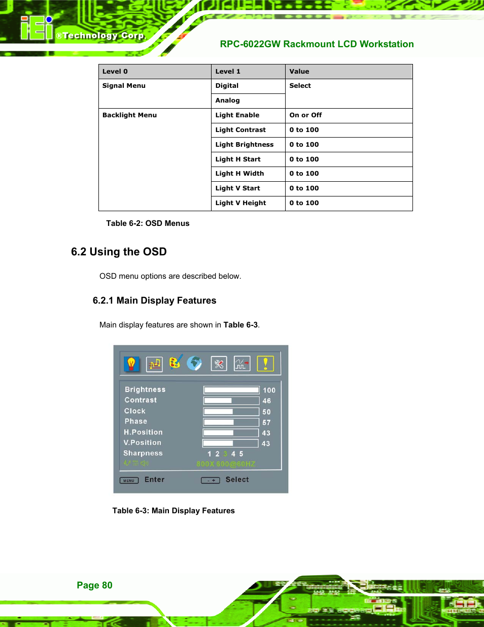 Using the osd, Main display features, Sing the | 1 main display features, Table 6-2: osd menus, Table 6-3: main display features, 2 using the osd | IEI Integration RPC-6022G User Manual | Page 80 / 107
