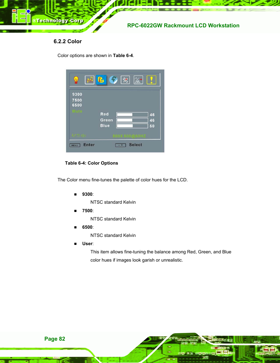 Color, 2 color, Table 6-4: color options | IEI Integration RPC-6022G User Manual | Page 82 / 107