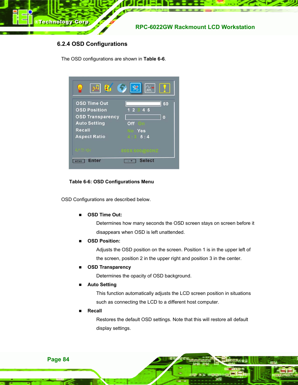 Osd configurations, 4 osd configurations, Table 6-6: osd configurations menu | IEI Integration RPC-6022G User Manual | Page 84 / 107