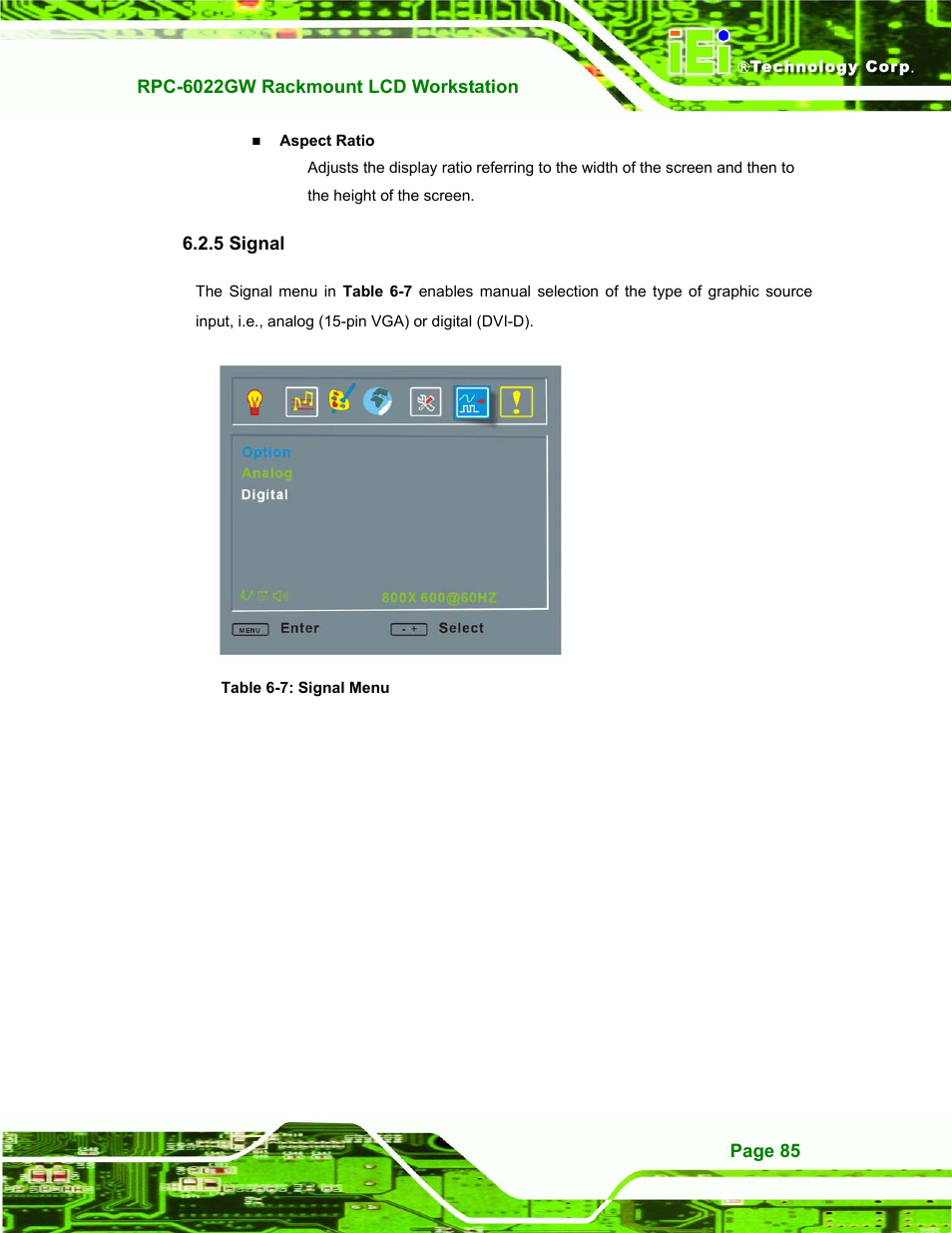 Signal, 5 signal, Table 6-7: signal menu | IEI Integration RPC-6022G User Manual | Page 85 / 107