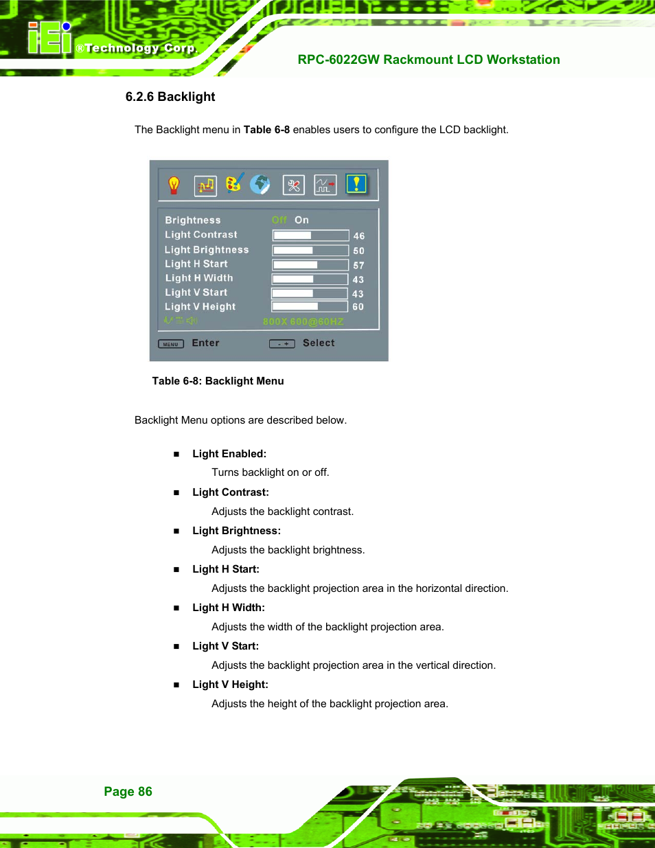 Backlight, 6 backlight, Table 6-8: backlight menu | IEI Integration RPC-6022G User Manual | Page 86 / 107