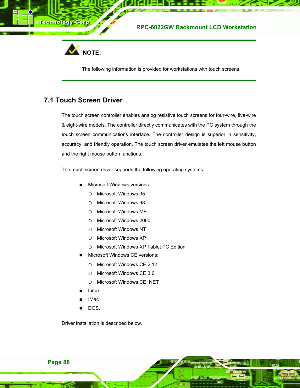 Touch screen driver, Ouch, Creen | River, 1 touch screen driver | IEI Integration RPC-6022G User Manual | Page 88 / 107