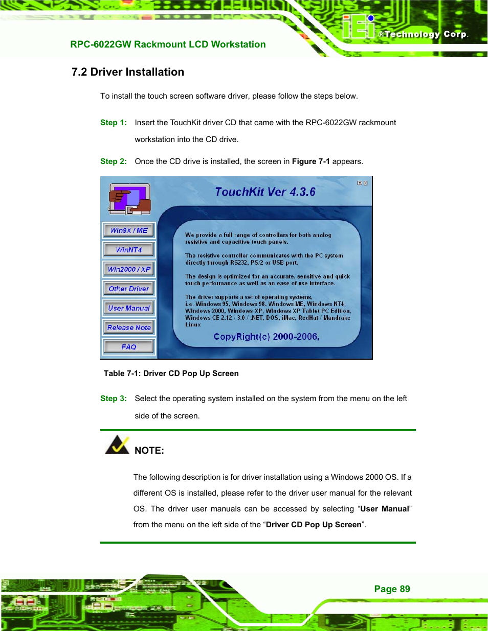 Driver installation, River, Nstallation | Table 7-1: driver cd pop up screen, 2 driver installation | IEI Integration RPC-6022G User Manual | Page 89 / 107