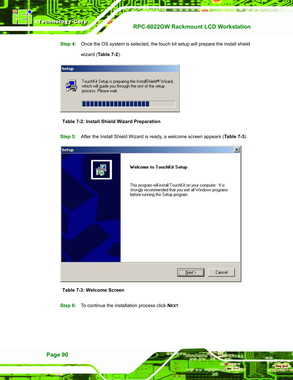 Table 7-2: install shield wizard preparation, Table 7-3: welcome screen | IEI Integration RPC-6022G User Manual | Page 90 / 107