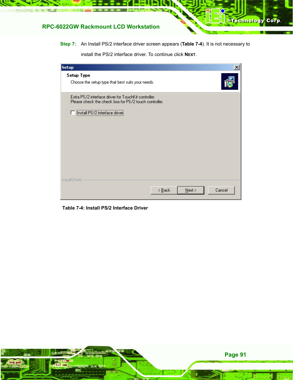 Table 7-4: install ps/2 interface driver | IEI Integration RPC-6022G User Manual | Page 91 / 107