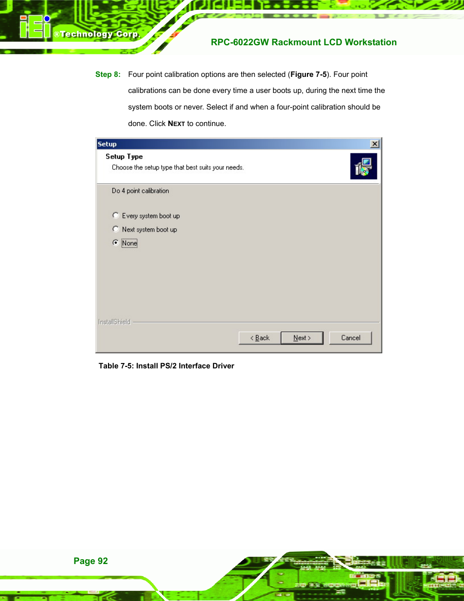 Table 7-5: install ps/2 interface driver | IEI Integration RPC-6022G User Manual | Page 92 / 107