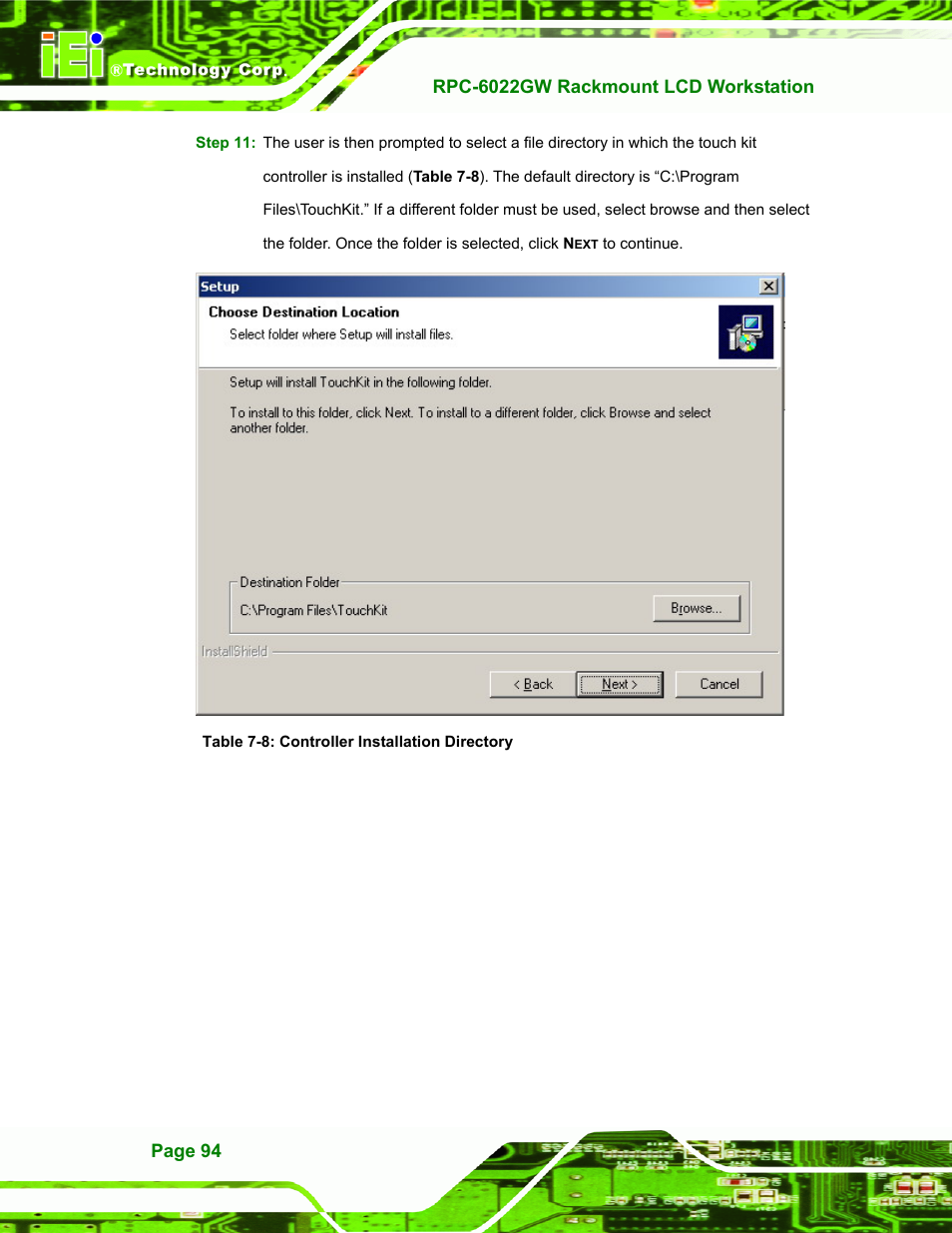Table 7-8: controller installation directory | IEI Integration RPC-6022G User Manual | Page 94 / 107
