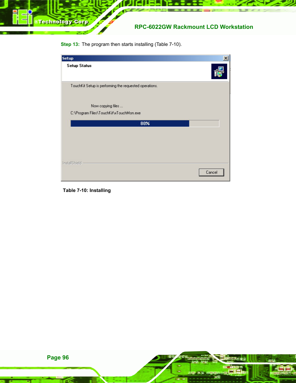 Table 7-10: installing | IEI Integration RPC-6022G User Manual | Page 96 / 107
