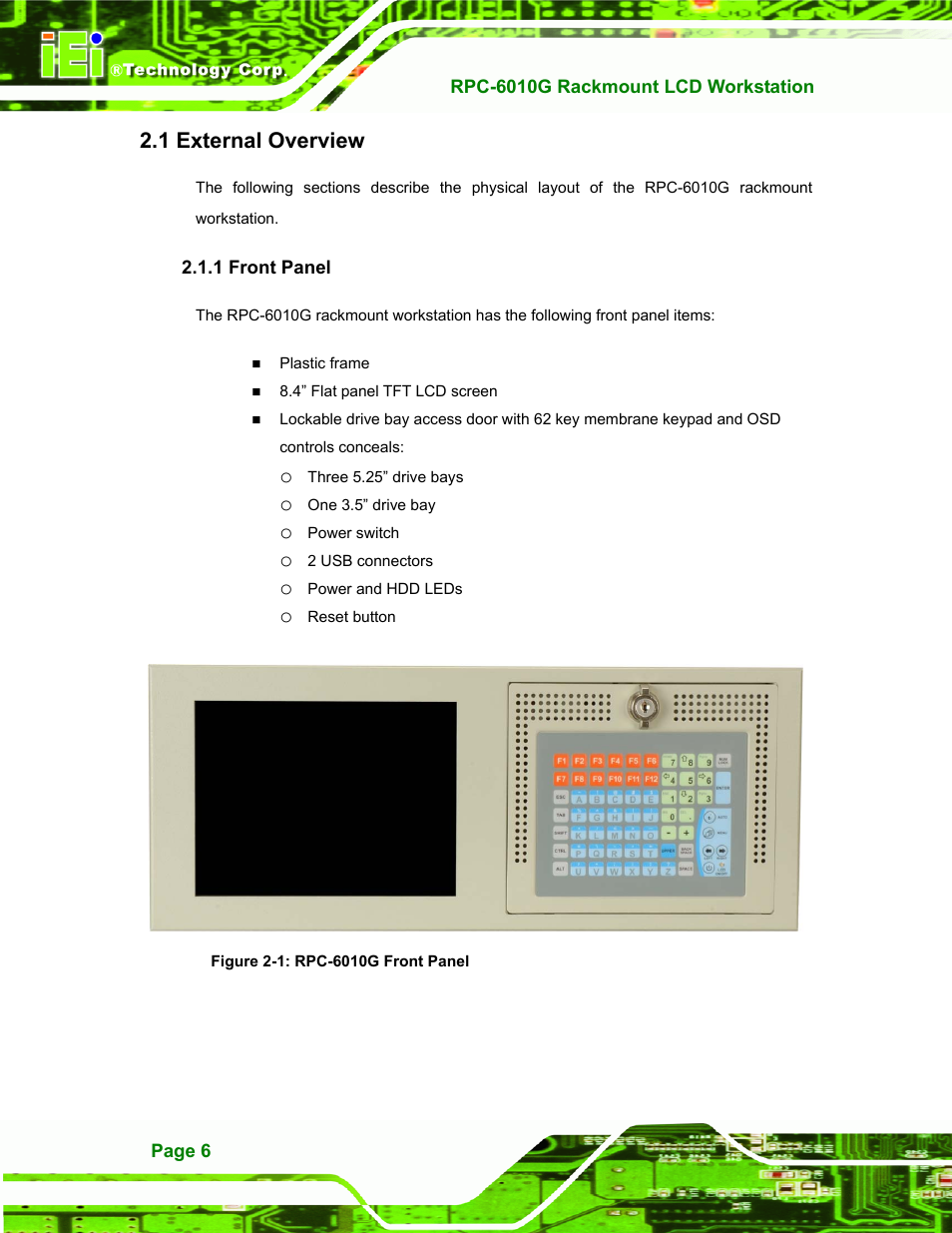 External overview, Front panel, Xternal | Verview, 1 front panel, Figure 2-1: rpc-6010g front panel, 1 external overview | IEI Integration RPC-6010G User Manual | Page 16 / 99