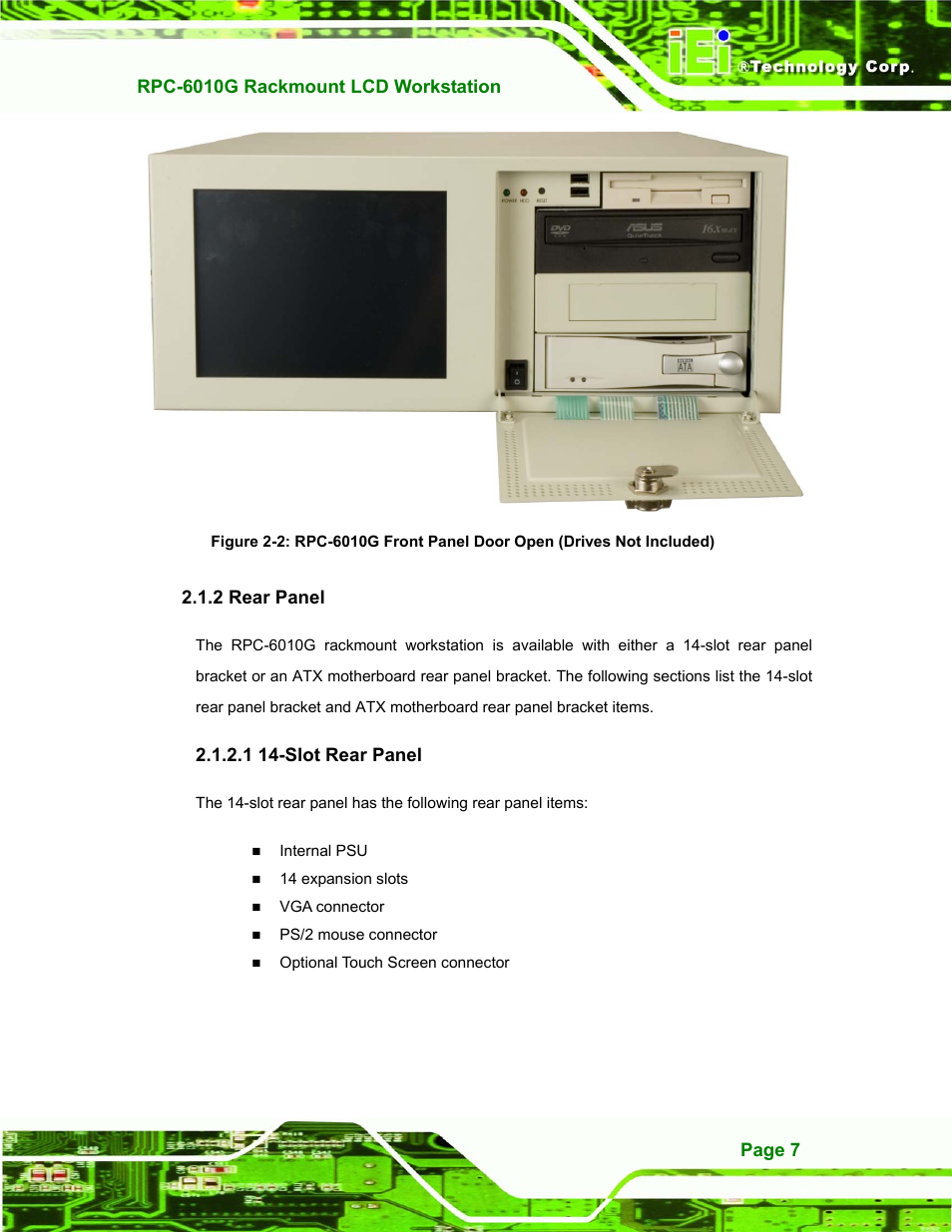 Rear panel, Slot rear panel, 2 rear panel | 1 14-slot rear panel, Figure 2-2: rpc-6010g front panel door open | IEI Integration RPC-6010G User Manual | Page 17 / 99