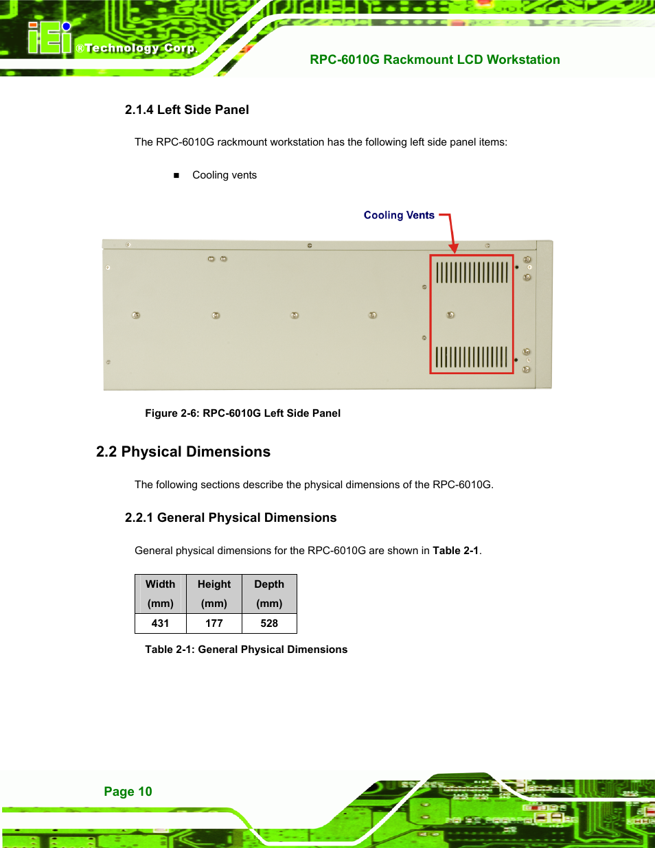 Left side panel, Physical dimensions, General physical dimensions | 4 left side panel, Hysical, Imensions, 1 general physical dimensions, Figure 2-6: rpc-6010g left side panel, Table 2-1: general physical dimensions, 2 physical dimensions | IEI Integration RPC-6010G User Manual | Page 20 / 99