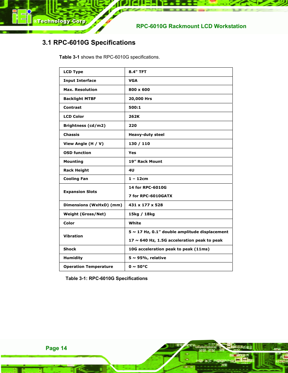 Rpc-6010g specifications, 1 rpc-6010g s, Pecifications | Table 3-1: rpc-6010g specifications, Rpc-6010g rackmount lcd workstation, Page 14 | IEI Integration RPC-6010G User Manual | Page 24 / 99