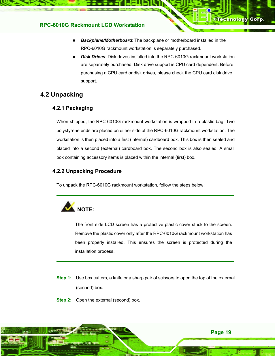 Unpacking, Packaging, Unpacking procedure | Npacking, 1 packaging 4.2.2 unpacking procedure, 2 unpacking | IEI Integration RPC-6010G User Manual | Page 29 / 99