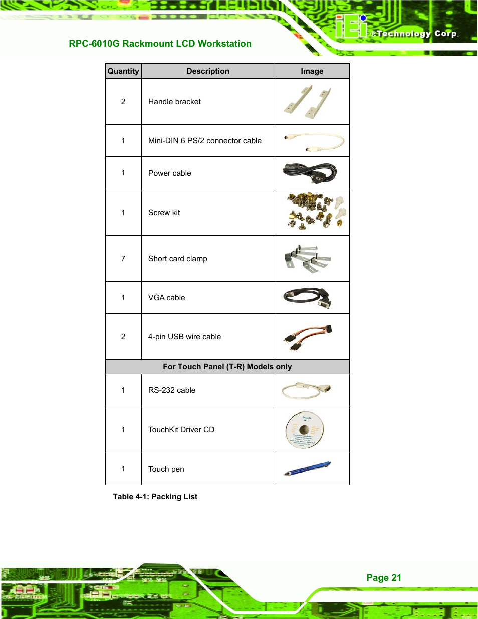 Table 4-1: packing list | IEI Integration RPC-6010G User Manual | Page 31 / 99