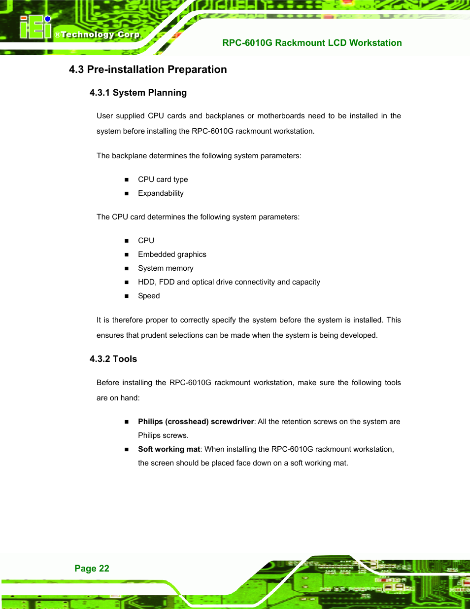 Pre-installation preparation, System planning, Tools | Installation, Reparation, 1 system planning 4.3.2 tools, 3 pre-installation preparation | IEI Integration RPC-6010G User Manual | Page 32 / 99