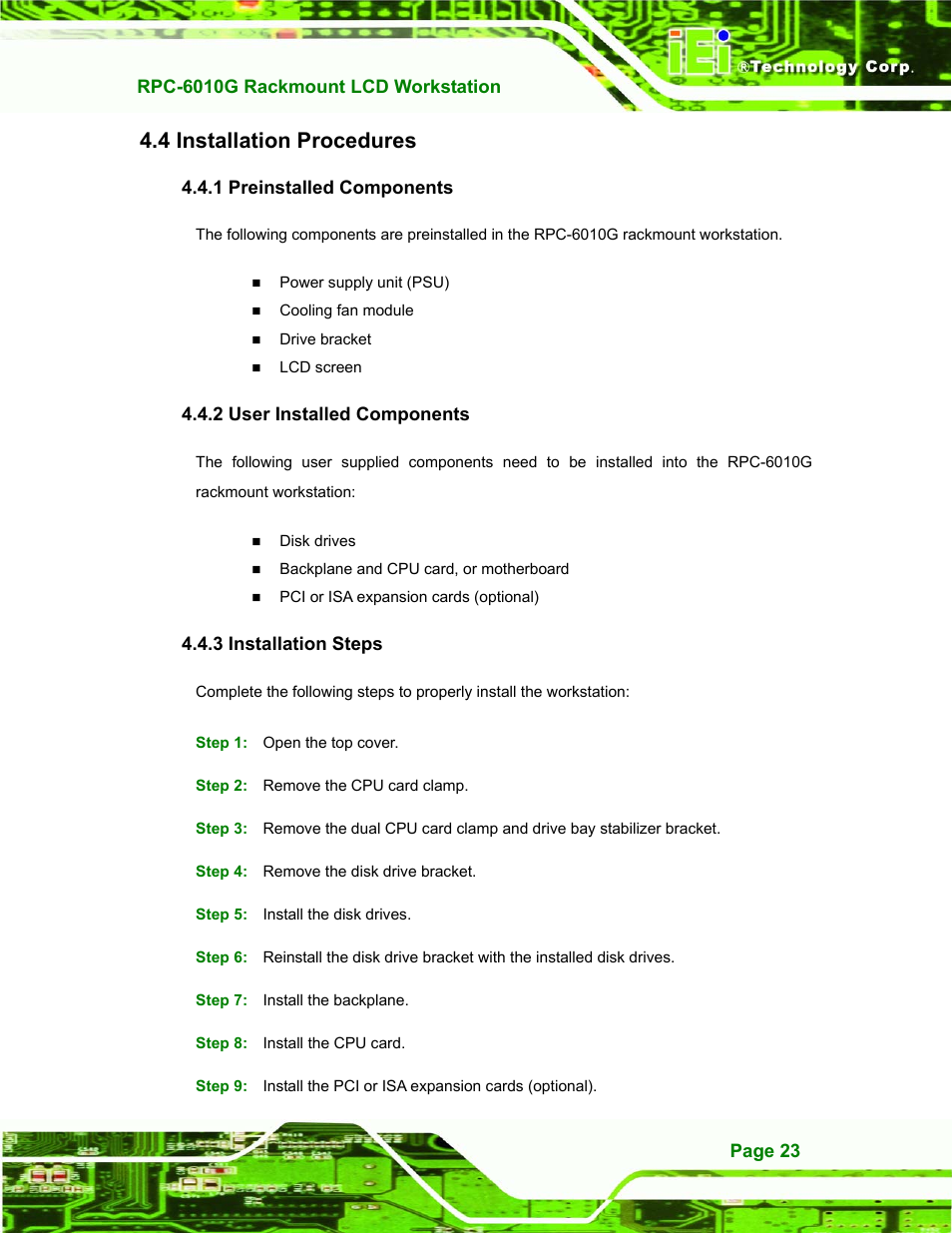 Installation procedures, Preinstalled components, User installed components | Installation steps, Nstallation, Rocedures, 4 installation procedures | IEI Integration RPC-6010G User Manual | Page 33 / 99