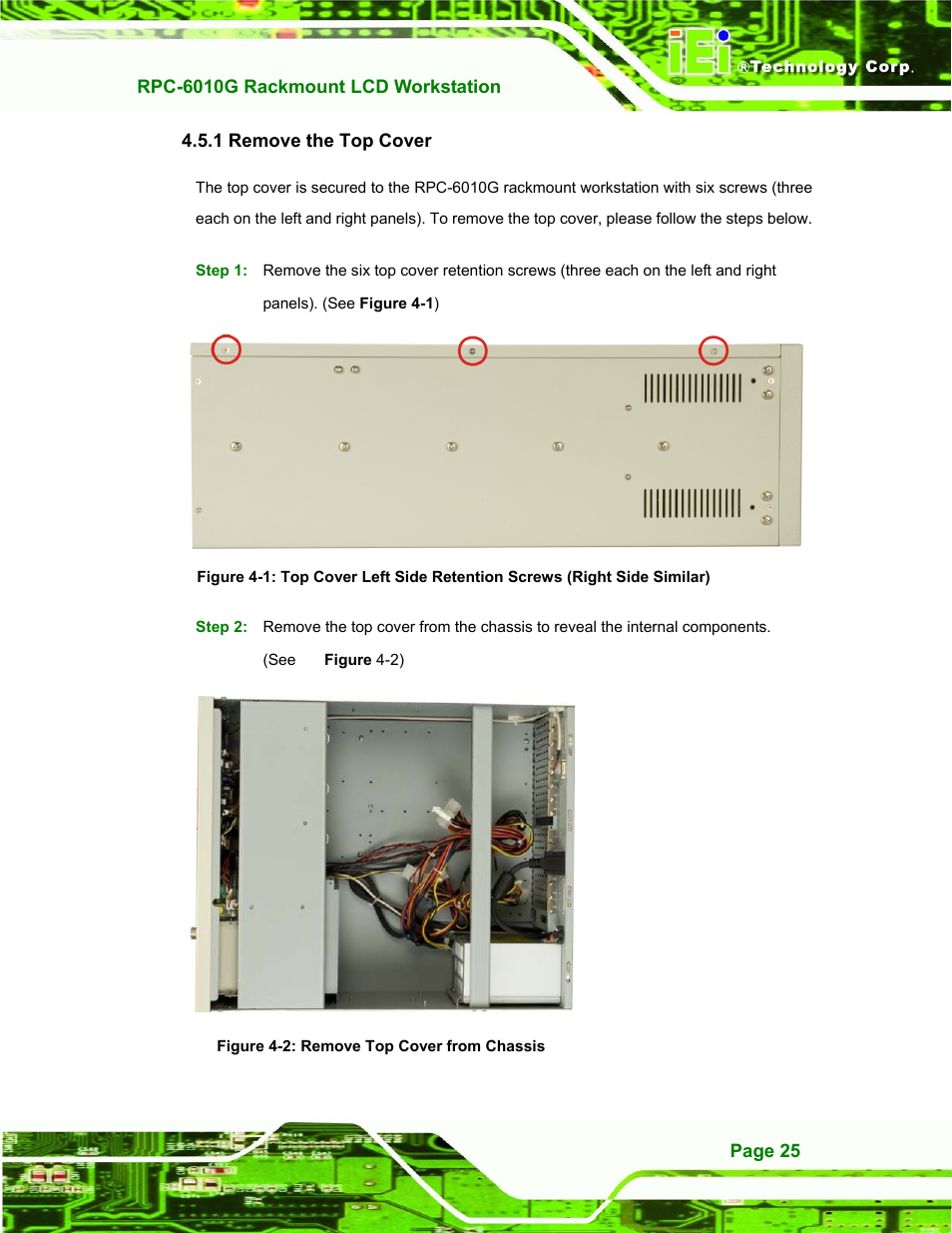 Remove the top cover, 1 remove the top cover, Figure 4-1: top cover left side retention screws | Figure 4-2: remove top cover from chassis | IEI Integration RPC-6010G User Manual | Page 35 / 99