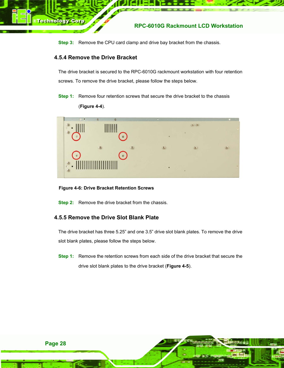 Remove the drive bracket, Remove the drive slot blank plate, Figure 4-6: drive bracket retention screws | IEI Integration RPC-6010G User Manual | Page 38 / 99