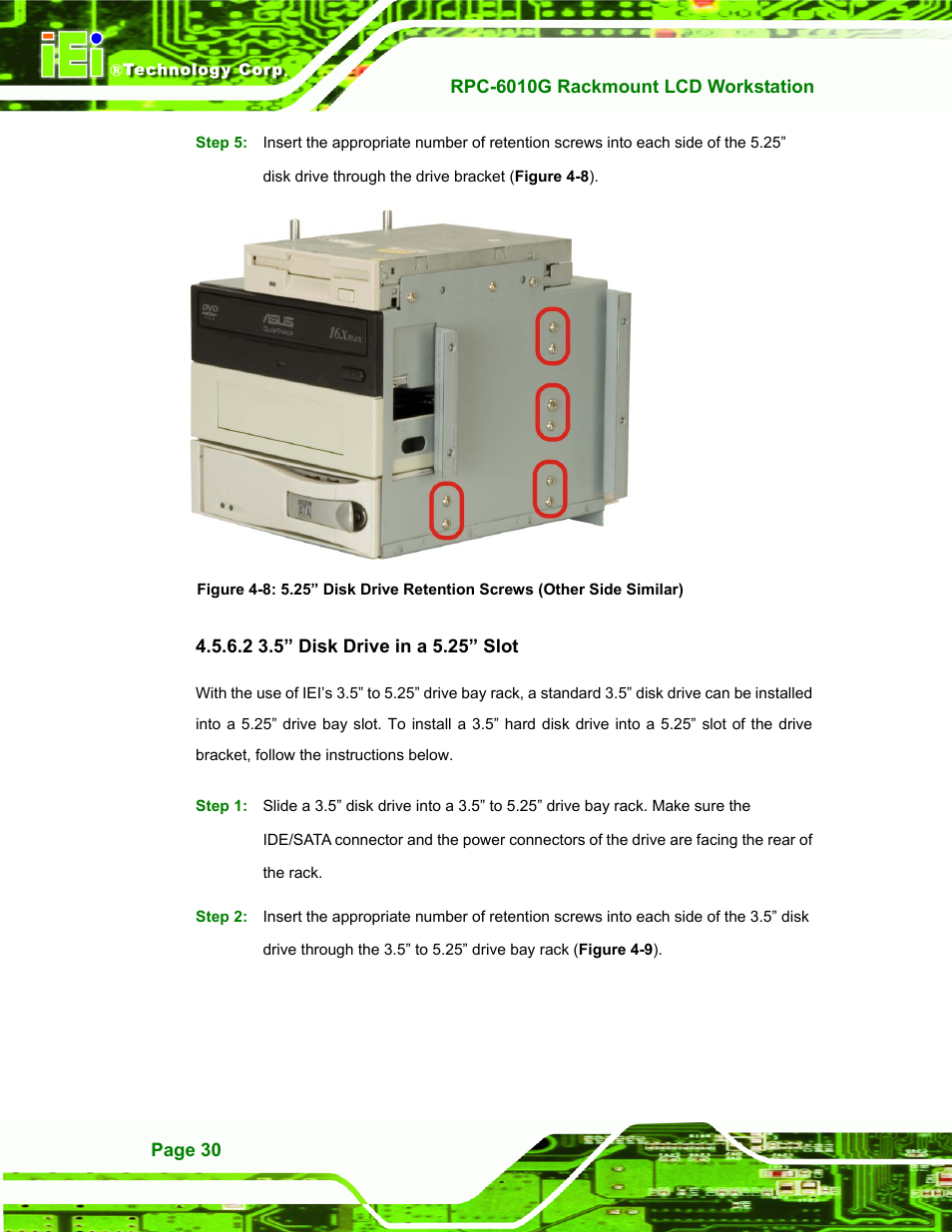 5” disk drive in a 5.25” slot, 2 3.5” disk drive in a 5.25” slot, Figure 4-8: 5.25” disk drive retention screws | IEI Integration RPC-6010G User Manual | Page 40 / 99