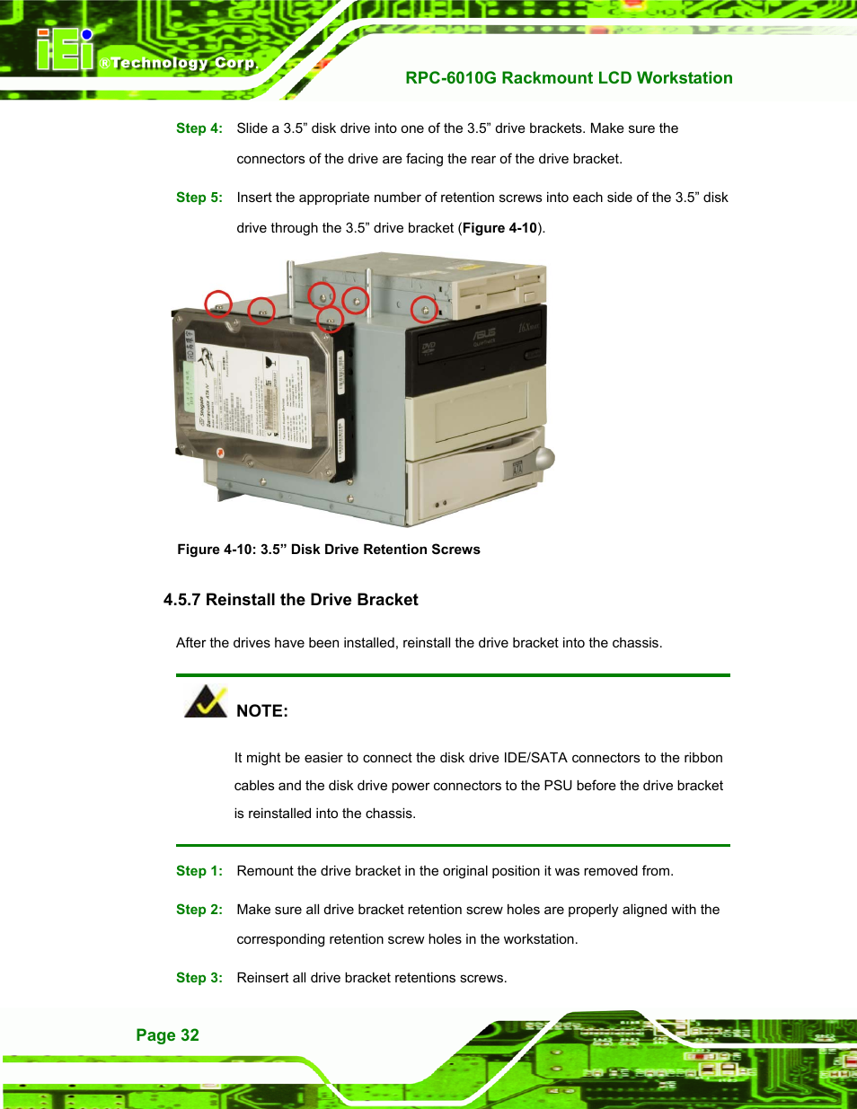 Reinstall the drive bracket, 7 reinstall the drive bracket, Figure 4-10: 3.5” disk drive retention screws | IEI Integration RPC-6010G User Manual | Page 42 / 99
