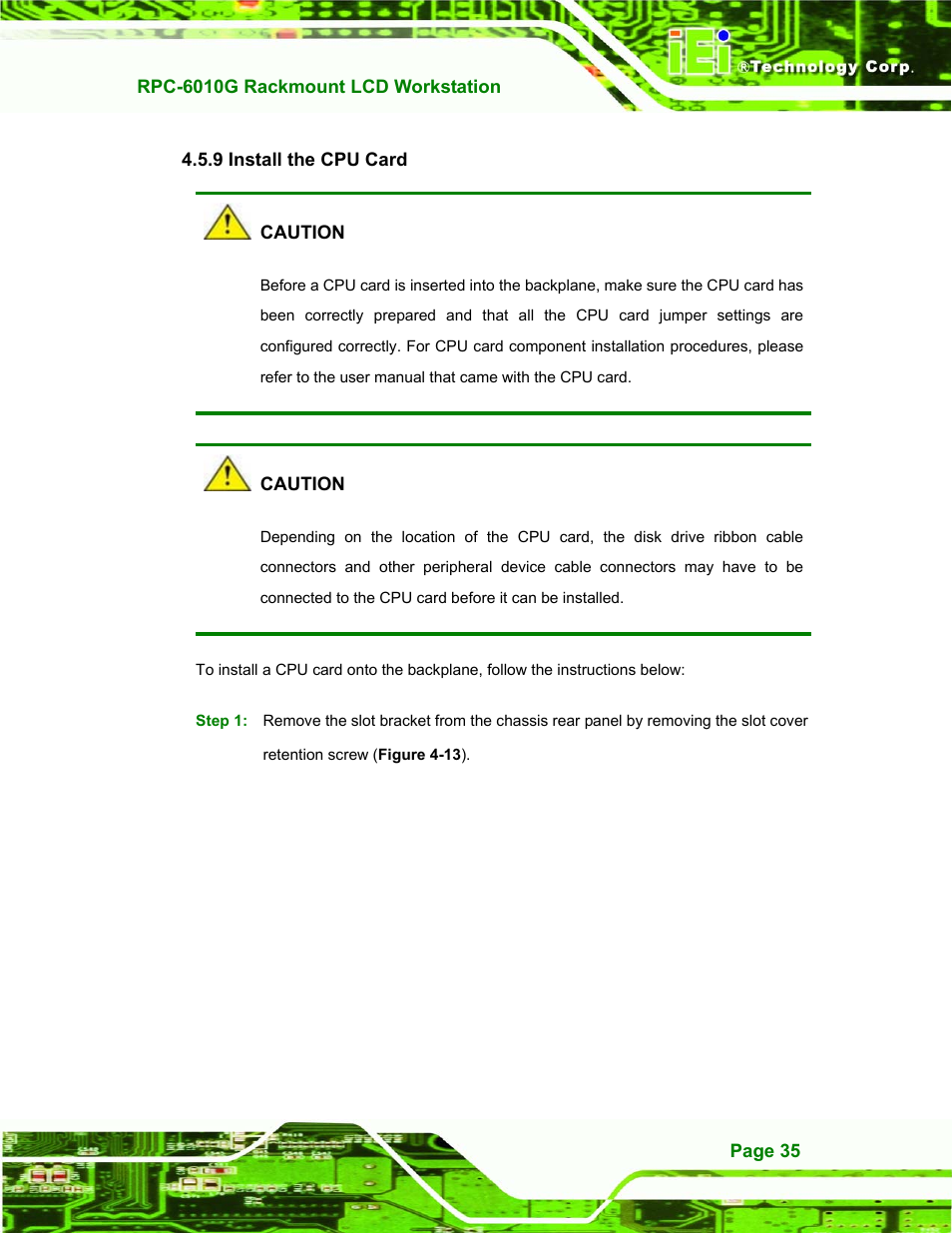 Install the cpu card, 9 install the cpu card | IEI Integration RPC-6010G User Manual | Page 45 / 99