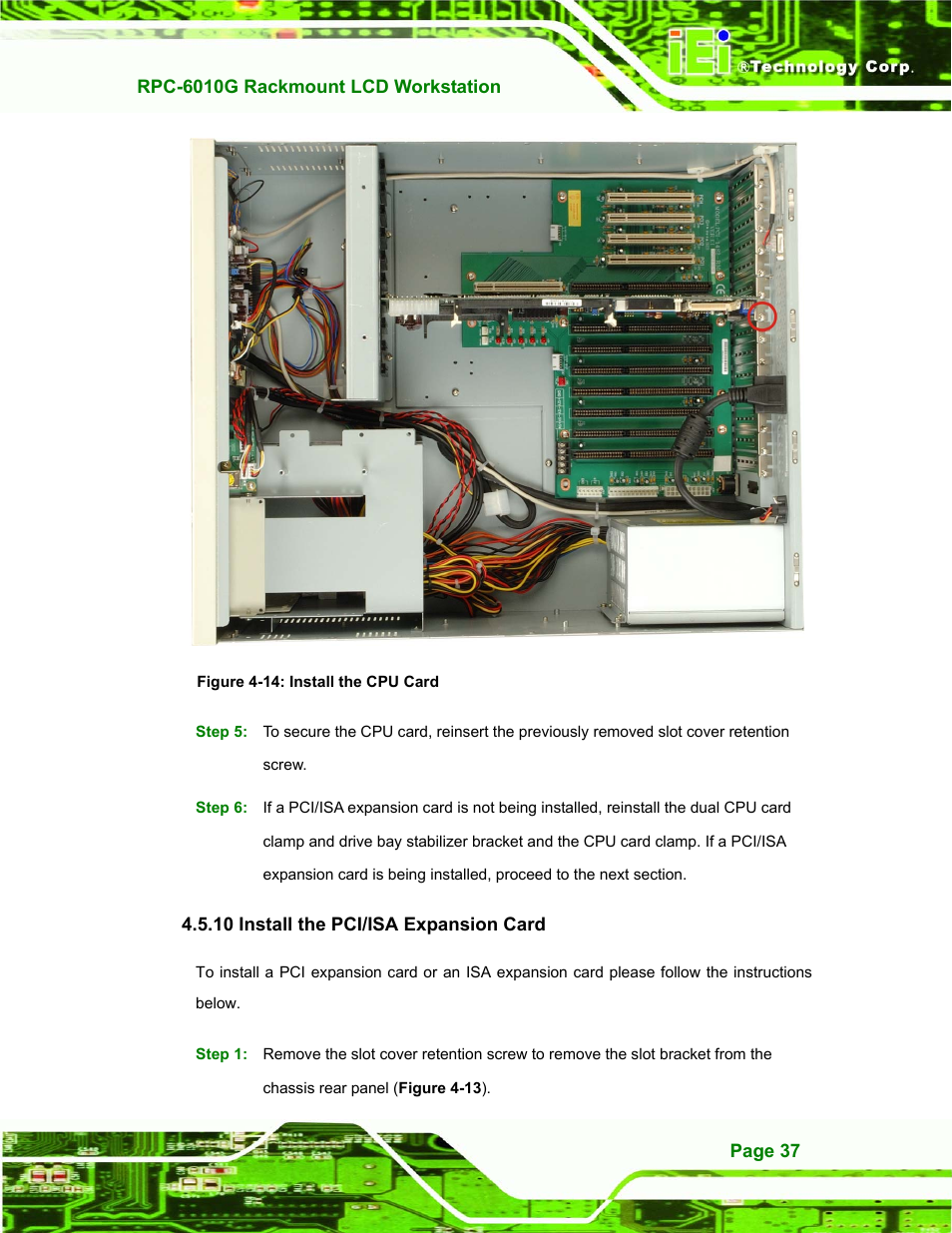 Install the pci/isa expansion card, 10 install the pci/isa expansion card, Figure 4-14: install the cpu card | IEI Integration RPC-6010G User Manual | Page 47 / 99