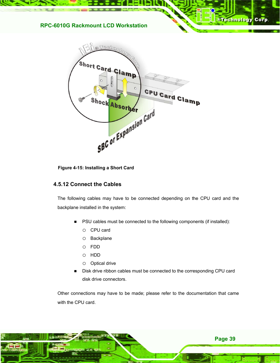Connect the cables, 12 connect the cables, Figure 4-15: installing a short card | IEI Integration RPC-6010G User Manual | Page 49 / 99