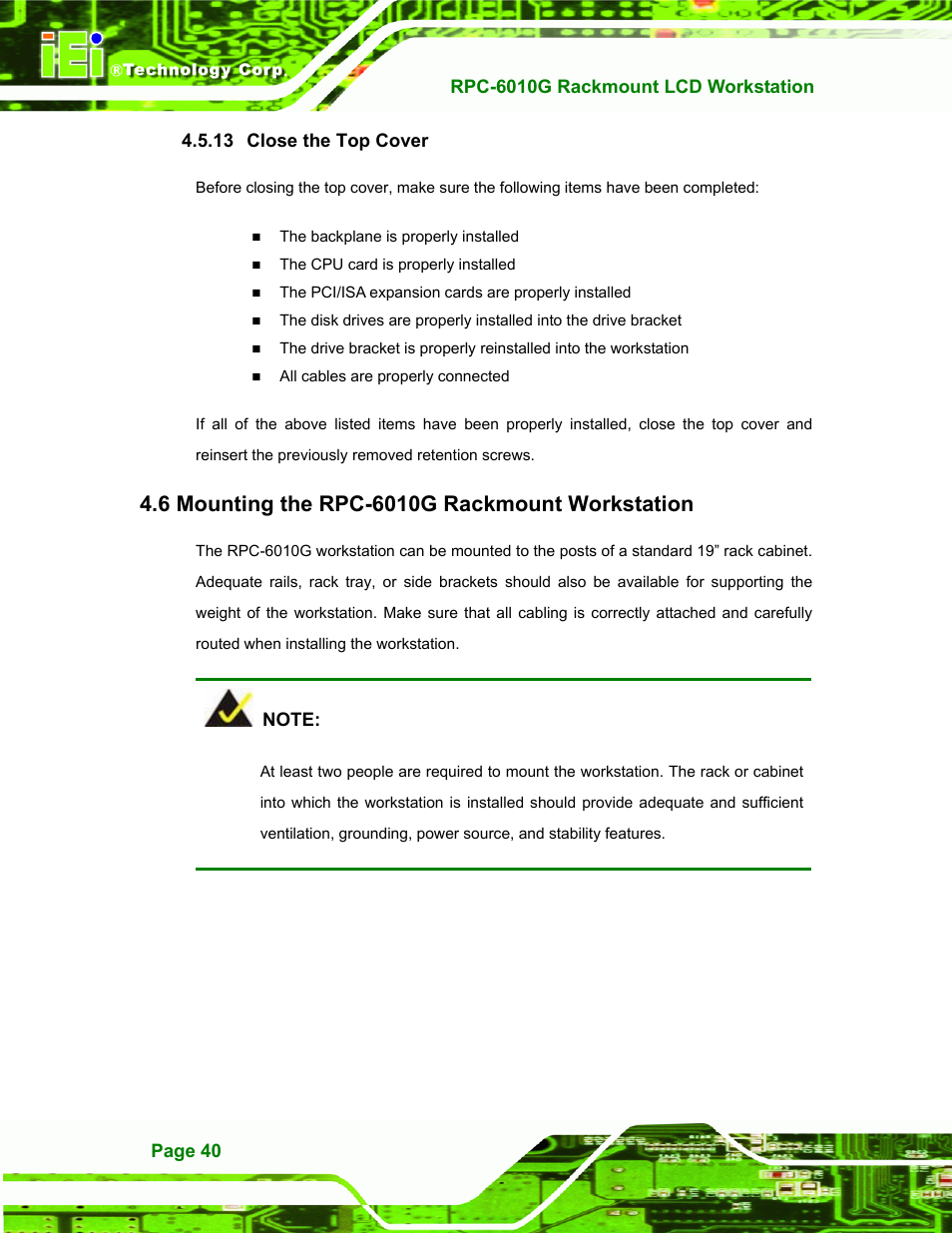 Close the top cover, Mounting the rpc-6010g rackmount workstation, 13 close the top cover | Ounting the, Rpc-6010g r, Ackmount, Orkstation | IEI Integration RPC-6010G User Manual | Page 50 / 99