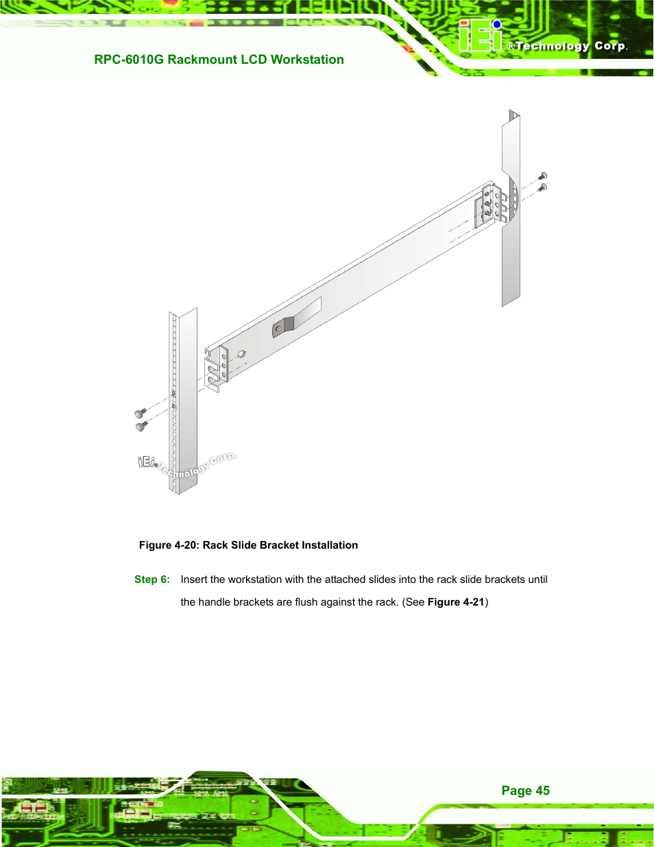Figure 4-20: rack slide bracket installation | IEI Integration RPC-6010G User Manual | Page 55 / 99
