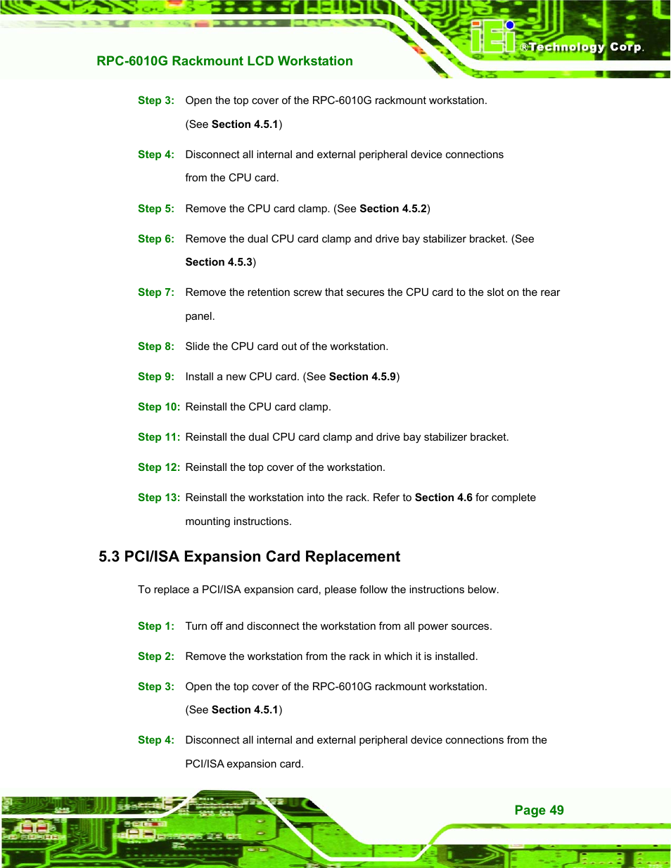 Pci/isa expansion card replacement, 3 pci/isa e, Xpansion | Eplacement, 3 pci/isa expansion card replacement | IEI Integration RPC-6010G User Manual | Page 59 / 99
