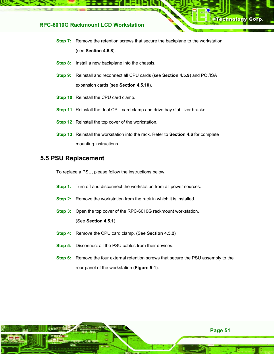 Psu replacement, 5 psu r, Eplacement | 5 psu replacement | IEI Integration RPC-6010G User Manual | Page 61 / 99
