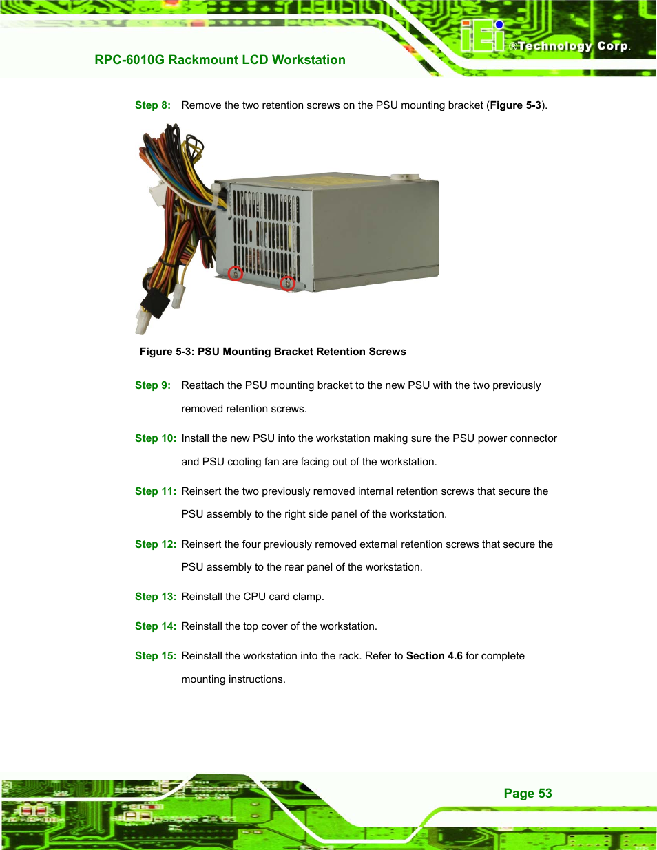 Figure 5-3: psu mounting bracket retention screws | IEI Integration RPC-6010G User Manual | Page 63 / 99
