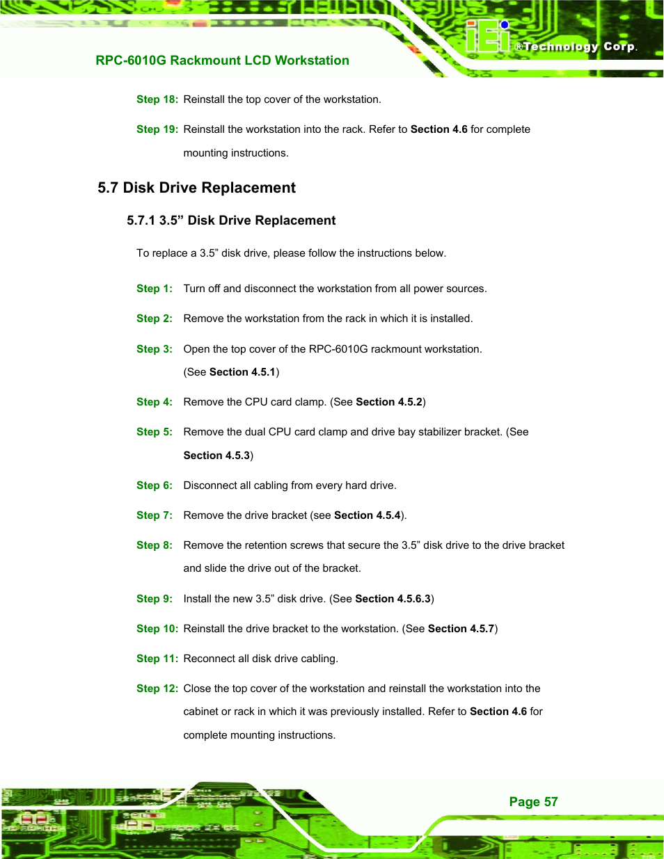 Disk drive replacement, 5” disk drive replacement, Rive | Eplacement, 1 3.5” disk drive replacement, 7 disk drive replacement | IEI Integration RPC-6010G User Manual | Page 67 / 99