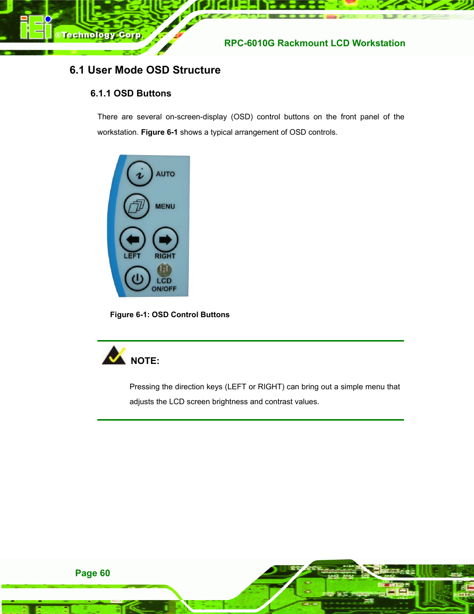 User mode osd structure, Osd buttons, Osd s | Tructure, 1 osd buttons, Figure 6-1: osd control buttons, 1 user mode osd structure | IEI Integration RPC-6010G User Manual | Page 70 / 99
