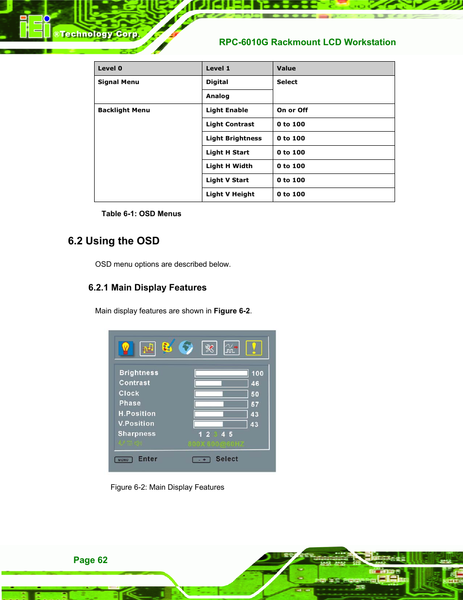 Using the osd, Main display features, Sing the | 1 main display features, Figure 6-2: main display features, Table 6-1: osd menus, 2 using the osd, Rpc-6010g rackmount lcd workstation, Page 62 | IEI Integration RPC-6010G User Manual | Page 72 / 99