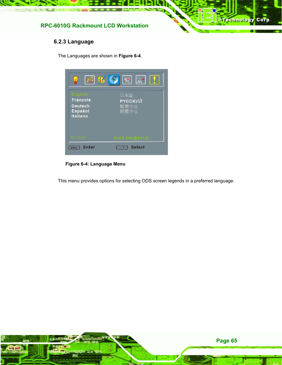 Language, 3 language, Figure 6-4: language menu | IEI Integration RPC-6010G User Manual | Page 75 / 99