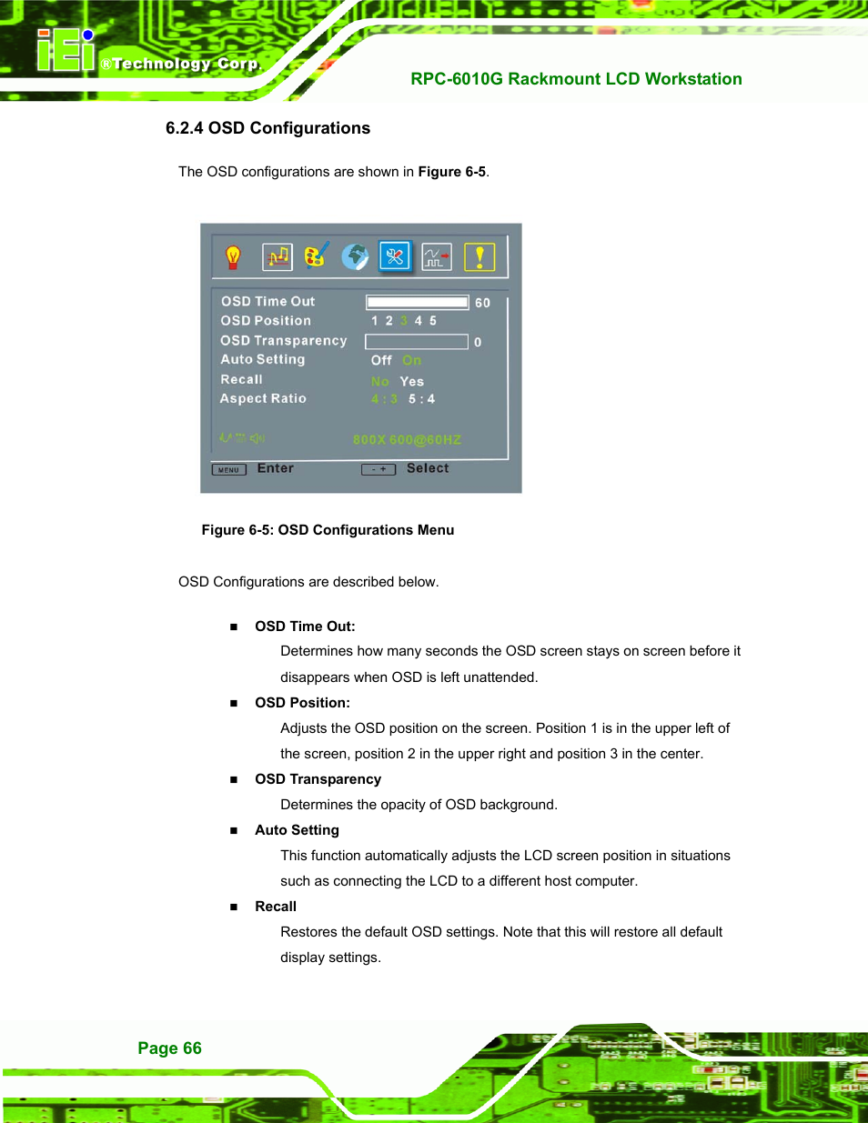 Osd configurations, 4 osd configurations, Figure 6-5: osd configurations menu | IEI Integration RPC-6010G User Manual | Page 76 / 99