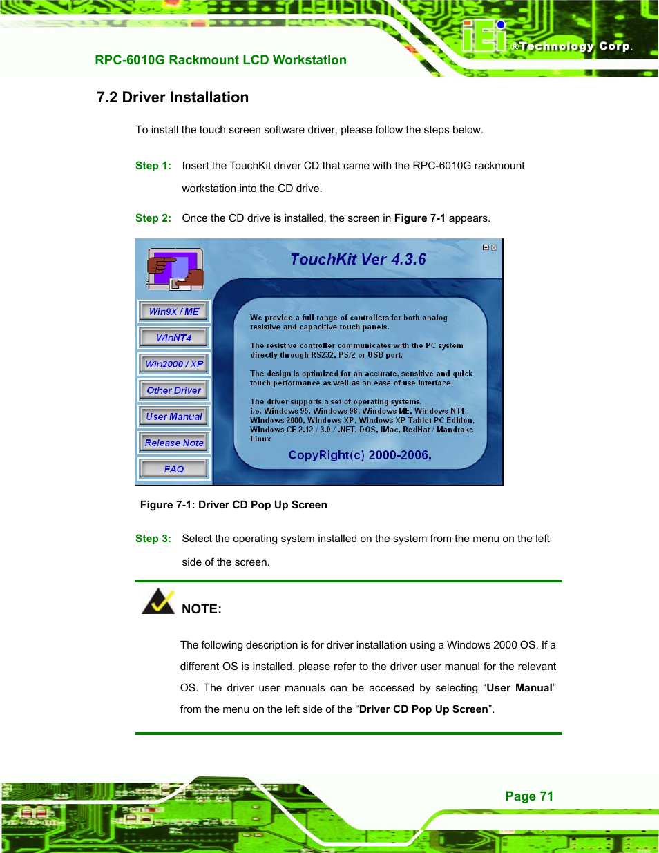 Driver installation, River, Nstallation | Figure 7-1: driver cd pop up screen, 2 driver installation | IEI Integration RPC-6010G User Manual | Page 81 / 99